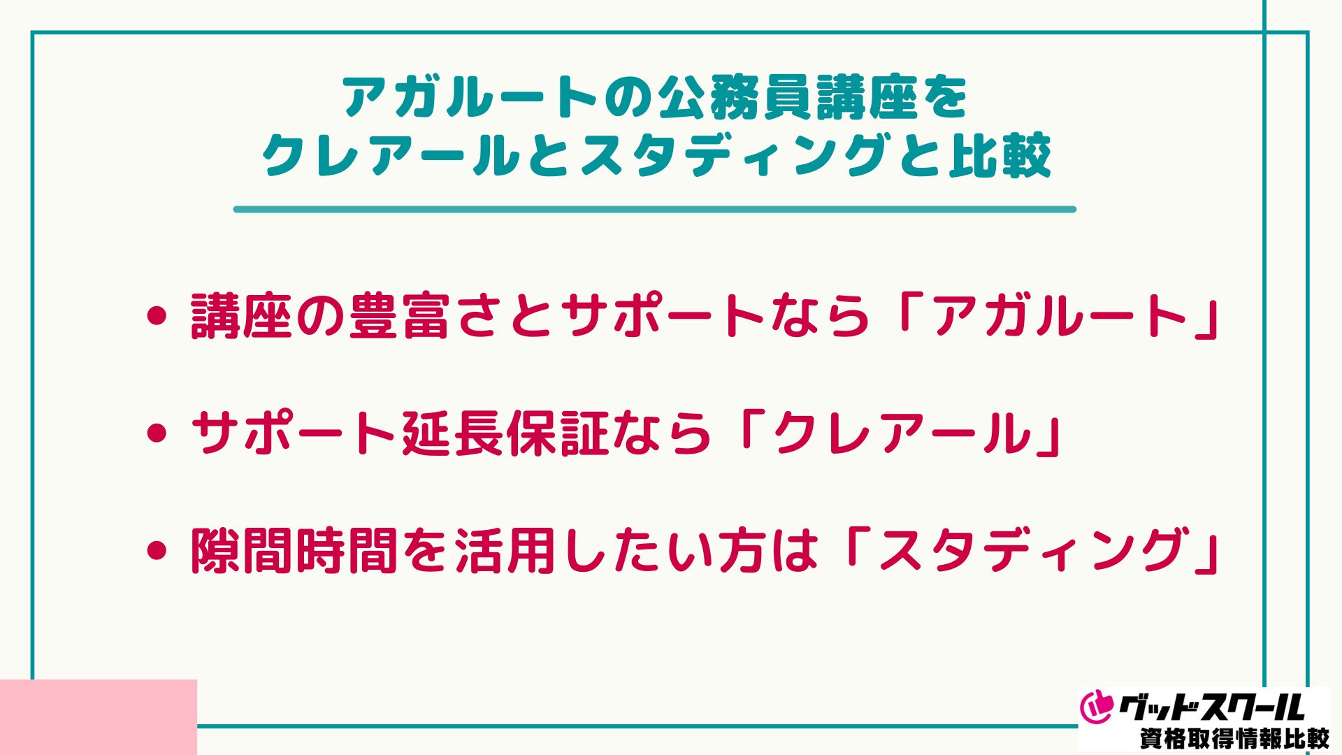 アガルートの公務員講座をクレアールとスタディングと比較