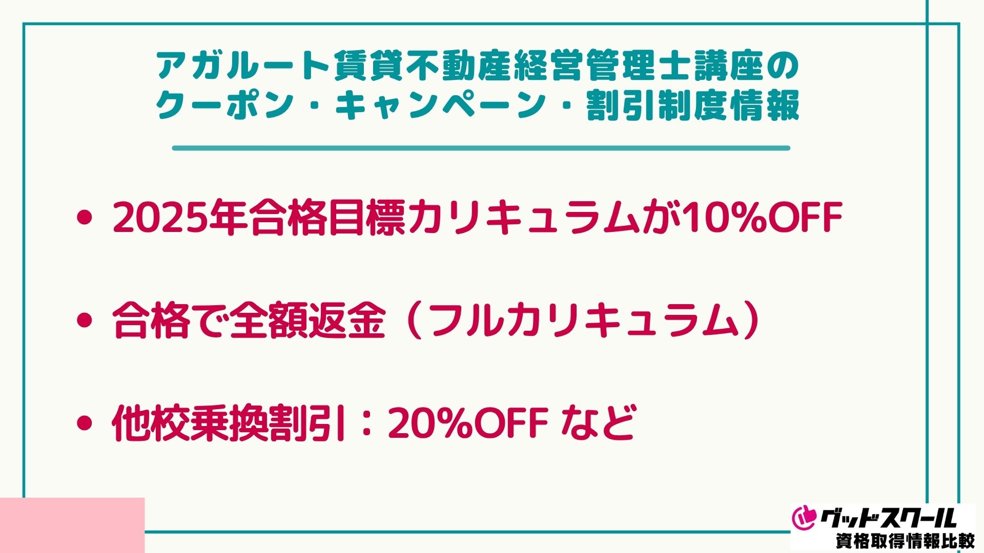 アガルート賃貸不動産経営管理士試験講座のクーポン・キャンペーン・割引制度情報