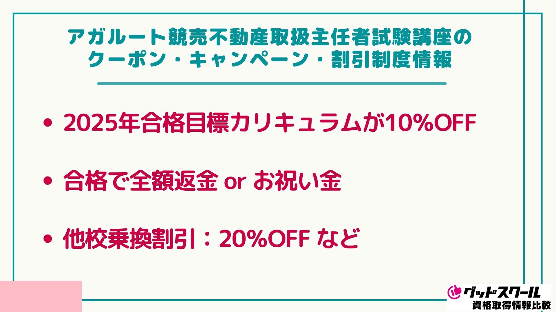 アガルート競売不動産取扱主任者試験講座のクーポン・キャンペーン・割引制度情報
