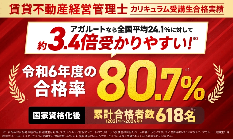 アガルート賃貸不動産経営管理士講座 合格率80.7%